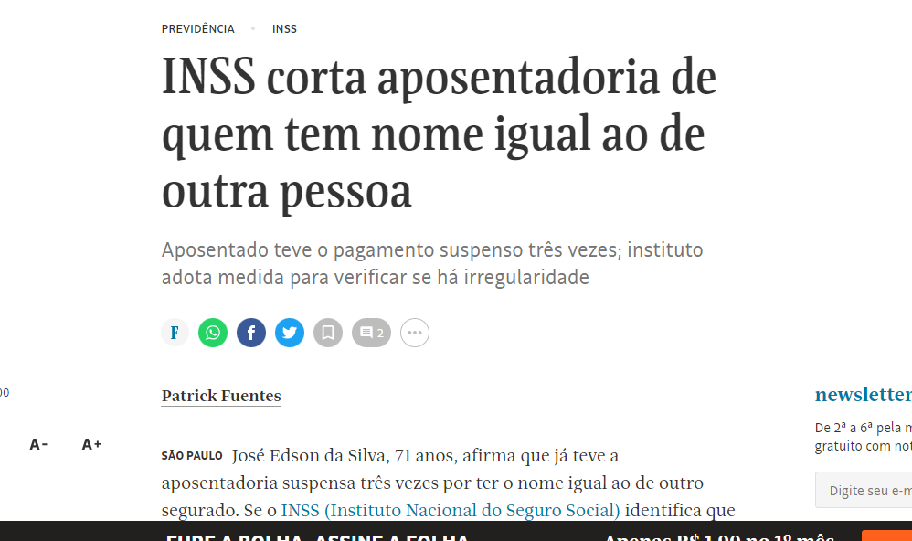 Corte de aposentadoria de homônimos na Folha